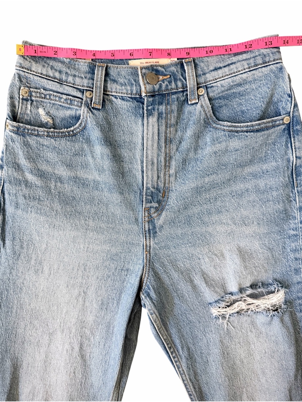Levi’s Premium 70s High Flare Jeans 26 Light Wash Distressed Denim - Picture 10 of 13